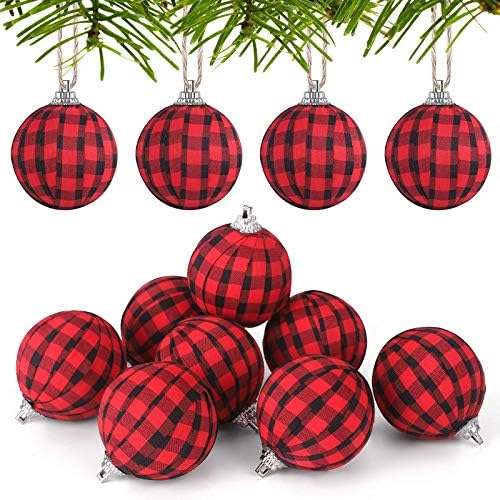 Xueerde 12 peças Buffalo Fabric Ball Bola de Natal Ornamentos de Bola de Natal Avavo à prova de Natal Ornamento para pendura