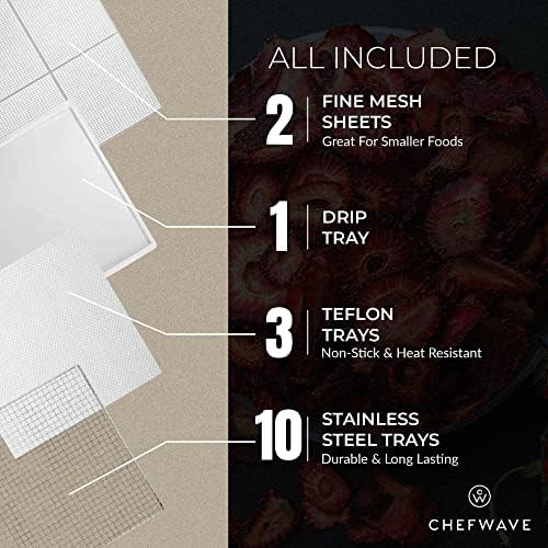 Máquina de secador de desidratador de alimentos elétricos com bancada comercial da Chefwave - Controle de temperatura digital e temporizador, 10 bandejas de aço inoxidável - Para frutas/vegetais secos, carne seca, desidratador de ervas