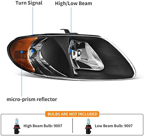 DWVO Heartlights Compatível com 01-07 Dodge Caravan / 01-03 Chrysler Voyager / 01-04 Chrysler Town and Country / 05-07 Town & Country Black Housing Amber Reflector Amber