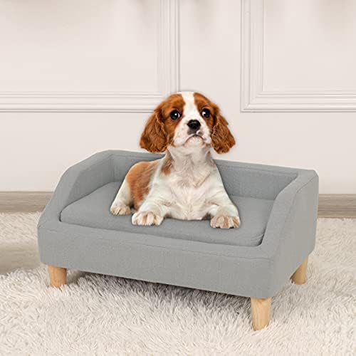 Sofá -cama de estimação, sofá de tecido de linho com almofada lavável e pernas de madeira para gato de cachorro pequeno