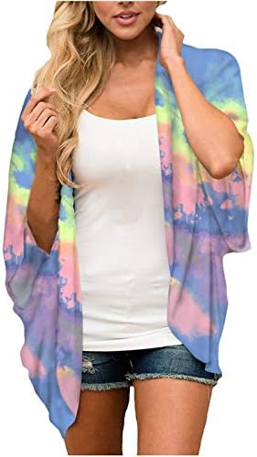 Cardigan de chiffon de tie -dye feminino - manga de morcego leve leve.