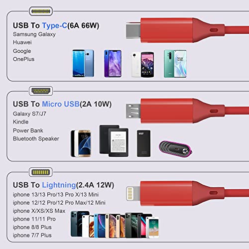 Bawanfa Multi USB Long Charger Cable, Cabo de carregamento de várias portas de várias portas de 3m/10ff, 6A PD Fast Charging Cord com USB C/Micro USB/Lightning Connector para iPhones Android Huawei