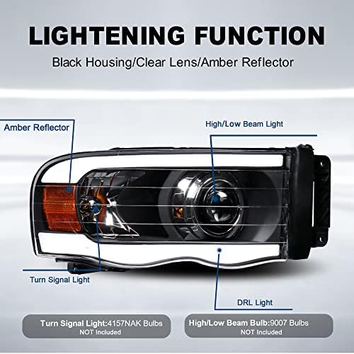 Montante do farol Compatível com 2002-2005 Dodge Ram 1500 2500 3500 Lâmpada frontal LED completa com alojamento DRL-Black/LENS