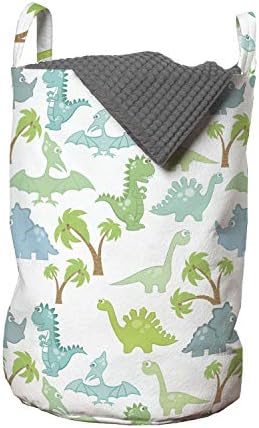 Bolsa de lavanderia de Ambesonne Velociraptor, Dinosaurs Cartoon Trex Print, cesto de cesto com alças Fechamento de cordão para lavanderia, 13 x 19, multicolor