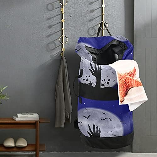 Halloween Zombie Hand Moon Bat Laundry Bag mochila para lavanderia pesada com alças de ombro manípulos de viagem Saco