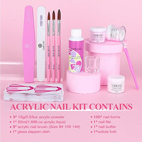 Kit de unhas de acrílico Saviland - pó de acrílico transparente/branco/rosa e conjunto de líquidos com escova de unhas de acrílico