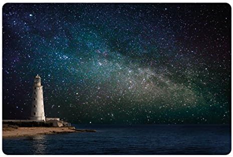 Tapete de estimação do céu noturno lunarable para comida e água, cenário do mar do oceano Lighthouse Nebula Romantic Cosmos