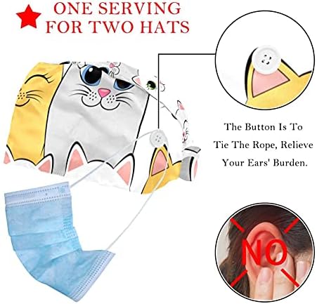 2 pacotes gatos fofos Capinho de trabalho ajustável de animais com Button & SweatBand For Enfermes Mulheres Chapéu de Ponytail