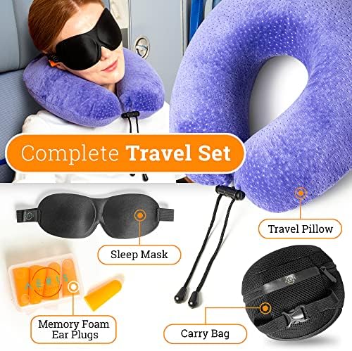 travesseiro de viagem roxo aeris para aviões e carros - travesseiro de pescoço de espuma de memória com máscara de sono,