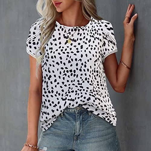 Mulheres Mangas curtas Tops de leopardo impressão solteira camisa de blusa de fato solto colar