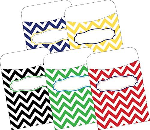 Bolsos de Biblioteca de Peel e Stick Bibliotecas de Barker Creek, Chevron náutico, 5 cores, ótimos para realizar biblioteca, índice e cartões de flash, passes de salão, receitas e muito mais! 3-1/2 x 5-1/8, 30 por pkg