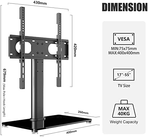 Supetek Table Universal TOP TV, TV Pedestal Stand para telas de 17 a 55 polegadas, base de TV ajustável em altura com base de vidro