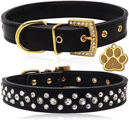 Colar de cachorro de diamante colarinho de couro macio ajustável com colarinhos dourados de fivela de shinestone para cães médios pequenos gatos