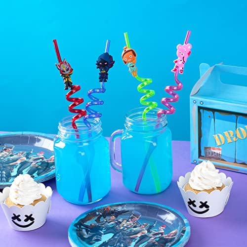 Yaoo 24pcs Battle Royale Party Supplies reutilizáveis ​​canudos de bebida, 8 designs favores de festa temáticos de jogo, azul