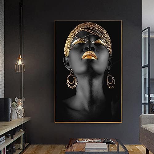 Modern African Art Lip Golden Women Women Oil Pintura sobre o pôster de arte da parede de tela e imprime a imagem escandinava para