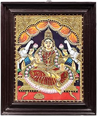 Índia exótica 15 x 18 Padmasana Gajalakshmi Tanjore Pintura | Cores tradicionais com ouro 24K | Quadro de teakwood