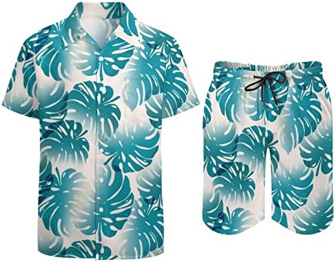 Folhas impressam camisa havaiana masculina e shorts Conjuntos de shorts Summer Button-Down de manga curta de manga curta Trechsuits