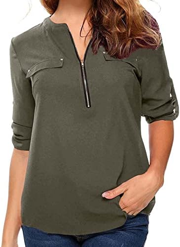 Mulheres V pescoço de chiffon zip up Fit Fit Relaxed Fit Brunch Plain Top camiseta para meninas outono Summer G7 G7