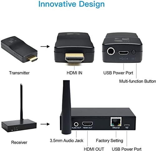 Extender HDMI sem fio ddmall, transmissor e receptor HDMI de 196 pés HD 1080p, até 4-4 com cobertura de casa completa no modo repetidor,