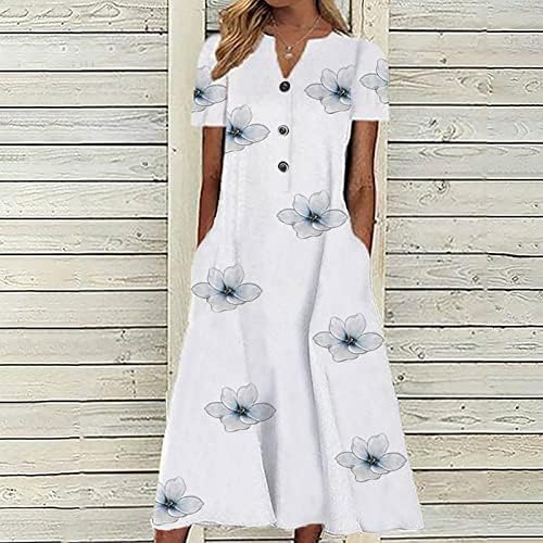 Vestido de pescoço de verão V para mulheres mulheres 2023 Floral Long Dress Button Down Pleated Beach vestido de manga curta