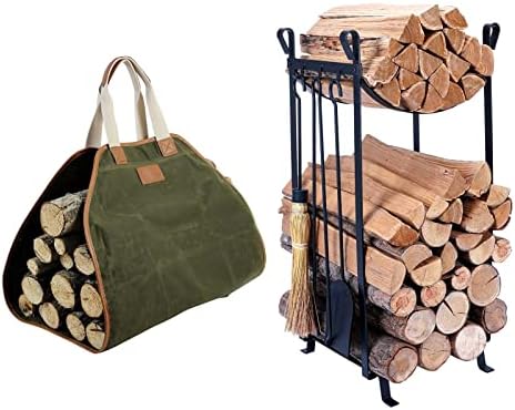 Bolsa de transportadora de log de lona e rack de lareira com 4 PCS Ferramentas de lareira conjuntos