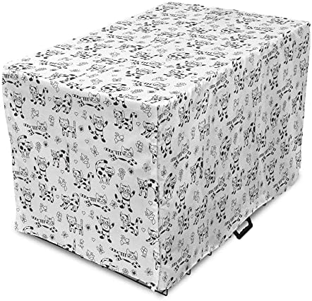 Capa lunarável de caixas de caixa em preto e branco, gatos doodle em estilo de desenho animado em vários projetos Flores