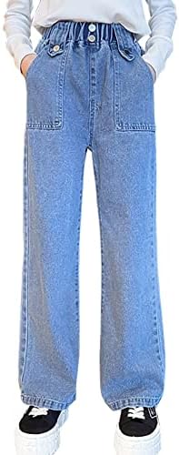Littlexin Kids Film 'Fashion elástico da cintura larga Pontas de jeans folgadas de jeans lavados de 5 a 14 anos