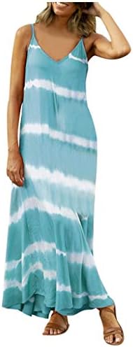 Fomens Casual Sleenseless Gradient Tie-Dye listrado V Neck Dress Loose Maxi Dress