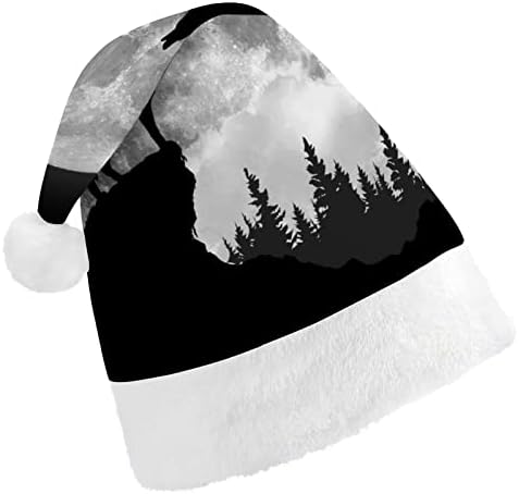Lobo uivando na lua cheia Funny Christmas Hat de Papai Noel Hats Plush curto com punhos brancos para suprimentos de decoração de festa de férias de Natal
