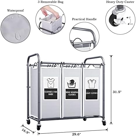 C & AHOME Carrinho de classificação de lavanderia de 3 bolsas, cesto de organizador de cesta de lavanderia, sacolas removíveis