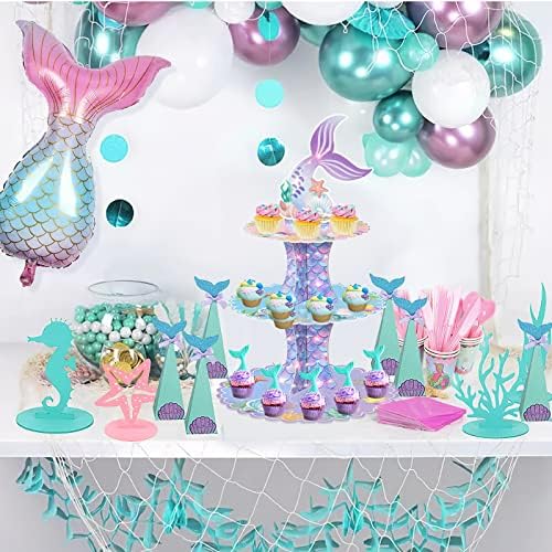 Mermaid Cupcake Stand com luz LED, 3 camadas Mermaid Party Supplies Mermaid Tail Cupcake Stand Stand para 24 cupcakes para