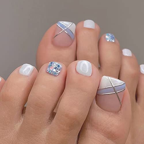 Qingge Pressione as unhas da unha dos pés rosa quadrado de unha falsa com listras azuis brancas Design de glitter