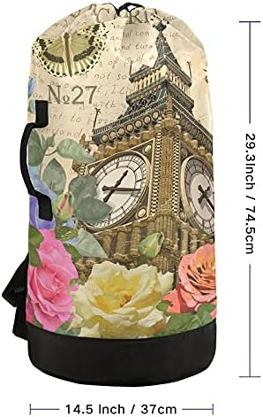 Big Ben Ben Vintage Poster cartão Bolsa de lavanderia grande mochila para lavanderia pesada com tiras de ombro Bolsa de roupa à prova