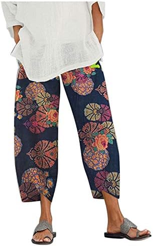 Calças Capri Casual para mulheres Moda de algodão Capri Pant impressão floral Treino de cintura elástica calças cortadas com