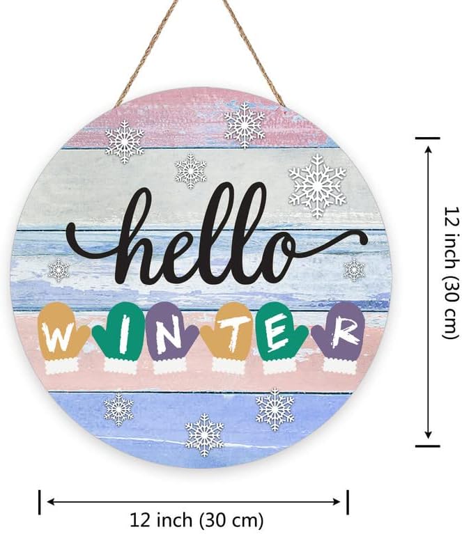 Olá, inverno, bem -vindo, sinal da frente, hello whinter wreath signo luvas fofas snowflake parede arte placa pendurada