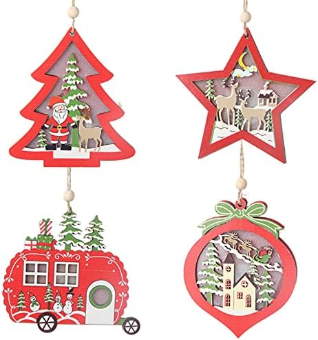 Ornamentos de decoração de Natal leves led pingentes pendurados pingentes de madeira oca árvores, ornamentos estrelados de cinco pontas