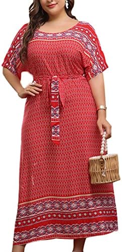 Vestidos de camiseta plus size para mulheres boho verão casual manga curta praia vestido maxi vestido de cafta com cinto ocidental