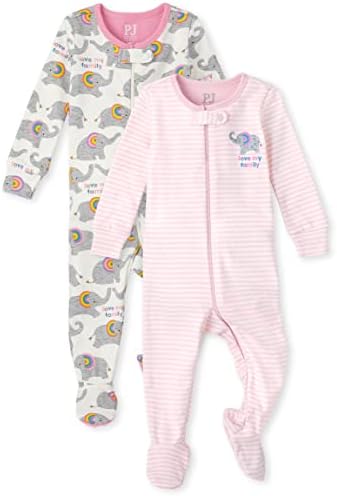 A Criança Infantil Baby Toddler Girls Snug Fit algodão Zip-Front Pijama com pé, Família Love/Elephant 2, 3-6 meses
