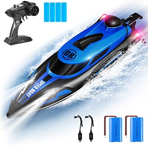 RC Boat - Velocidade de 20 km / h 2,4 GHz Boat de controle remoto para piscina e lago, farol frontal, 2 baterias recarregáveis