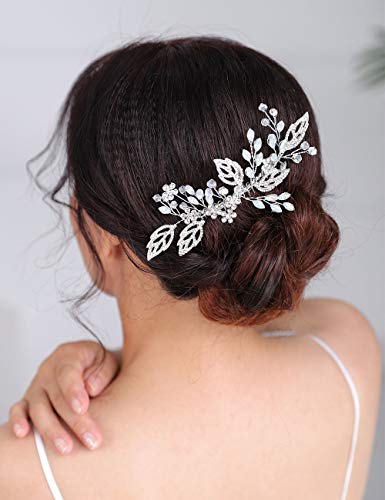 Denifery Silver Leaf Bridal Hair pente Crystal Wedding Clipe Opal Rhinestone Hair Acessórios para mulheres e meninas