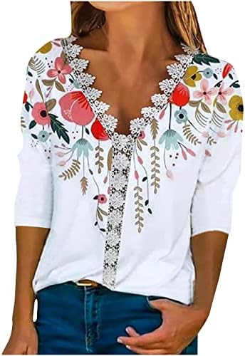 Crochê de renda de pescoço feminino Tops casual solto 3/4 blusas de manga Fall moda moda estampa floral camisetas básicas camisetas