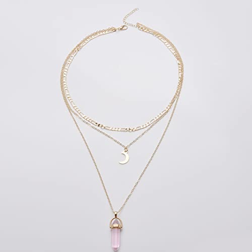 Colar em camadas boho pingente de cristal rosa pingente longo colar de mulheres e garotas colar de pendente de lua colar de peito