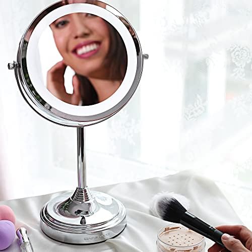Ovente 7 '' Espelê de maquiagem de mesa iluminada, lupa de 1x e 7x, LED redondo de dupla face giratório, ótimo para