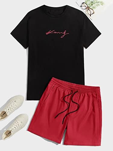 Gorglitter masculino de letra de travela de 2 peças masculina camiseta de pescoço redonda de manga curta e bolsos de cordão