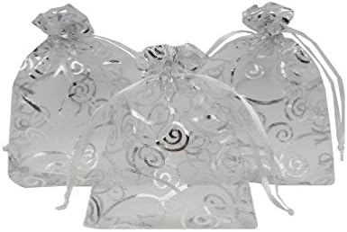 Ankirol 100pcs Sheer Organza Sacos de favor para o chá de bebê Rattan Print Sacos de presente Amostras exibir bolsas de cordão