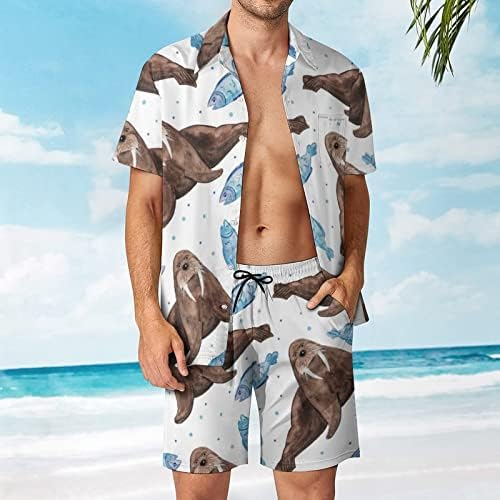 Roupas de 2 peças de morsa e peixes de peixes de 2 peças de praia Button Hawaiian Camisa de manga curta e ternos de shorts