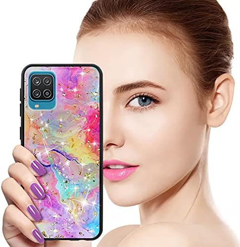 TJS Compatível com a caixa do Samsung Galaxy A12, com [protetor de tela de vidro temperado] Floco brilhante Blitter Back