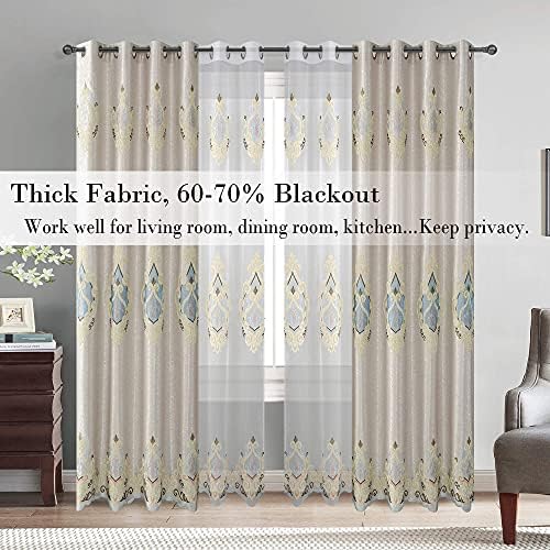 Cortinas bordadas de Vogol, 106 polegadas de comprimento, tratamento de painel de janelas ilhós cortina para quarto de sala