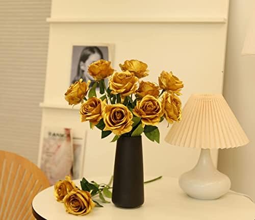 12 PCS Flores artificiais Rosas de ouro FALSA FLOR DE SILK ROSES LONGA TEM