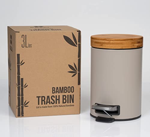 Kazai. 3L Designer Bath Bin | Bambu superior | Fechamento suave | Anti-dedo | Cinza claro